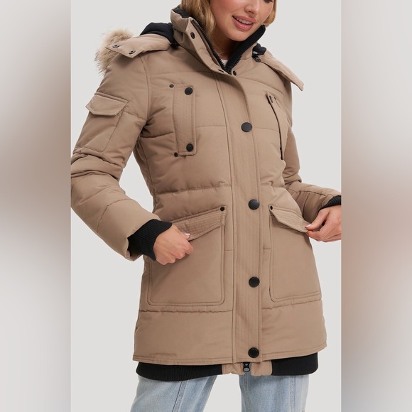 Noize Astrid Heavyweight Faux Fur Trim Puffer Jacket Sand Large - Picture 2 of 5